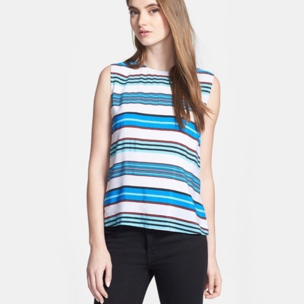 Equipment Reagan Blue & White Striped Silk Sleeveless Top | XS